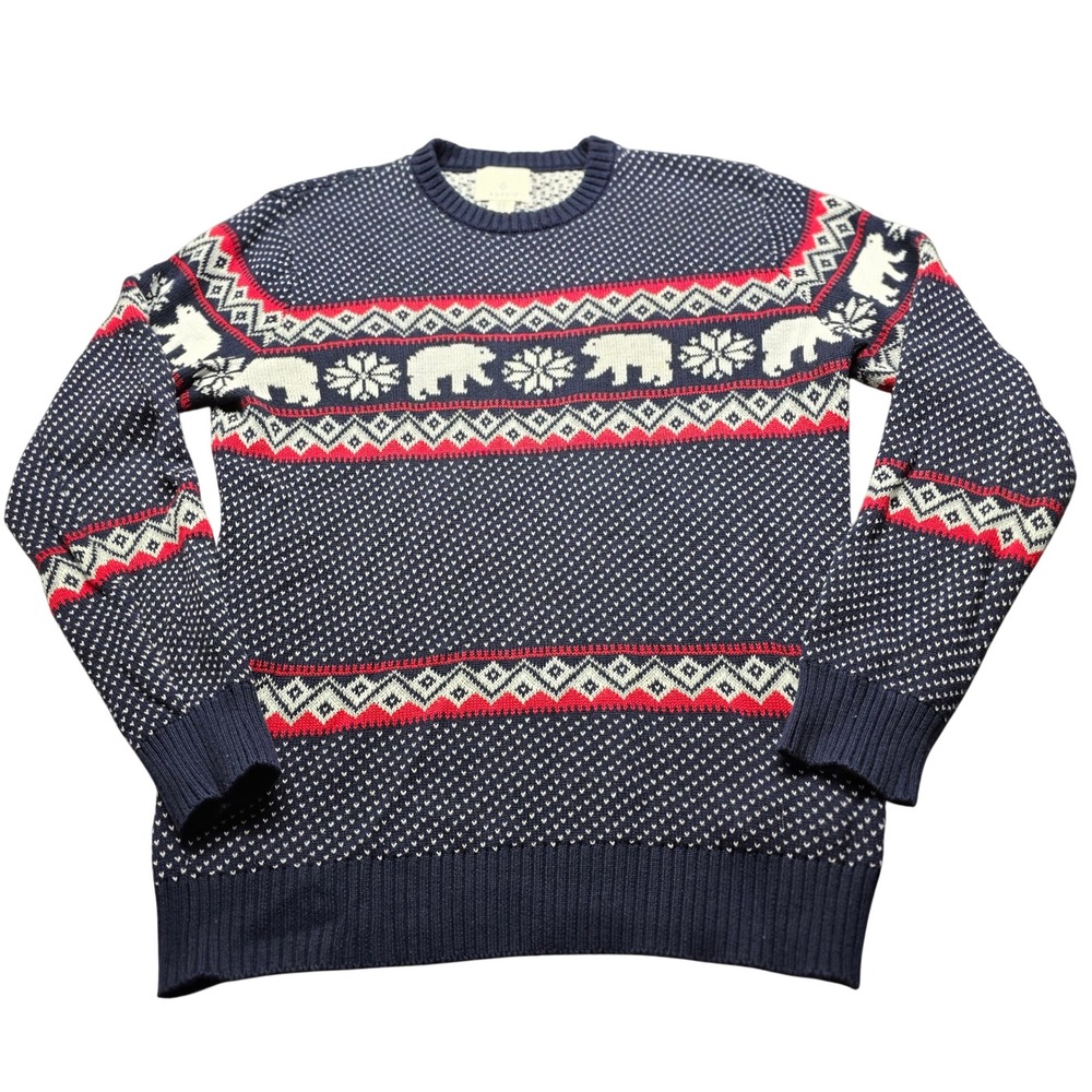Aspen Polar Bear Fair Isle Sweater Mens M Navy Blue Cotton Knit Winter Pullover